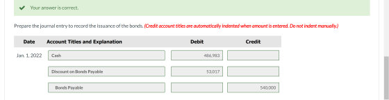 ✓ Your answer is correct. Prepare the journal entry to record the issuance of the bonds. (Credit account titles are automatic