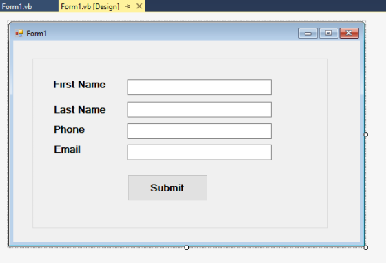Form1.vb Form1.vb [Design] + X - Form1 o x First Name Last Name Phone Email Submit