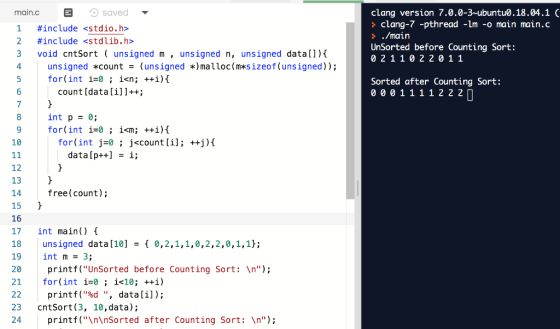 main.c E saved #include <stdio.h> #include <stdlib.h> void cntSort ( unsigned m, unsigned n, unsigned data[]) { unsigned *cou