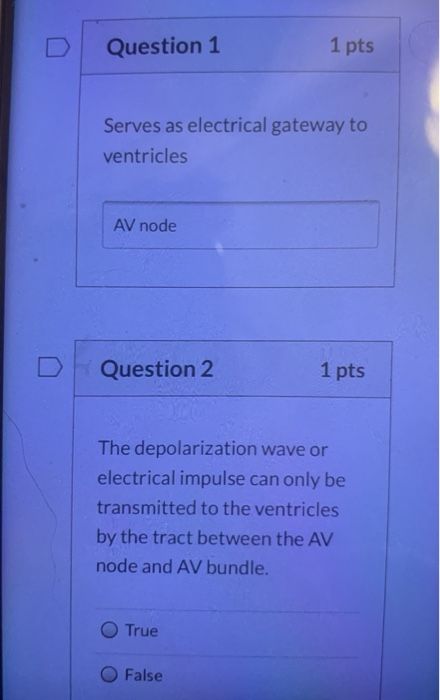 Question 1 1 pts Serves as electrical gateway to ventricles AV node Question 2 1 pts The depolarization wave or electrical im