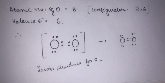 Atomic mo.go - 8 Valence é= 6. [configuration : 2,6] Lewis studure for O₂