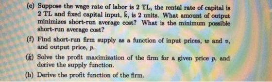 (e) Suppose the wage rate of labor is 2 TL, the rental rate of capital is 2 TL and fixed capital input, k, is 2 units. What a