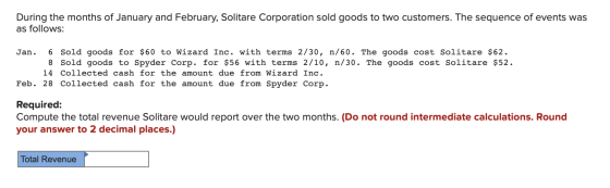 During the months of January and February, Solitare Corporation sold goods to two customers. The sequence of events was as fo