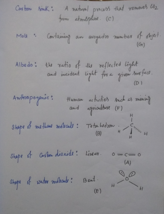 Carbon sink. 2 A natural process that removes from atomosphere. (c) Mole & Containing an avogadro number of object. Albedo: t
