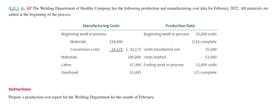 (LO 3, 4), AP The Welding Department of Healthy Company has the following production and manufacturing cost data for February