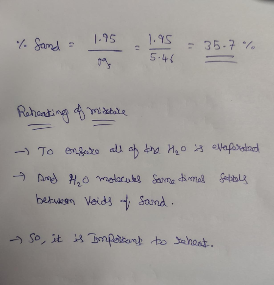 % Somla Sand - 1.95 1.95 5.46 = 35.7% Reheaking of mixture - To ensure all of the H₂O is everforstad - And H₂O molecules sam