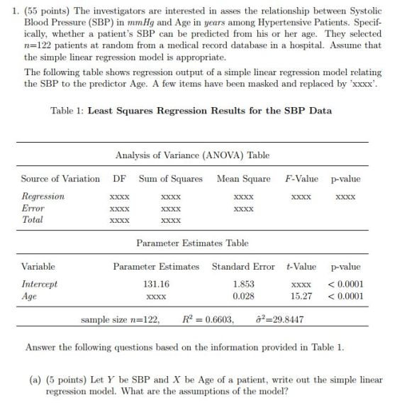 1. (55 points) The investigators are interested in asses the relationship between Systolic Blood Pressure (SBP) in mm Hg and