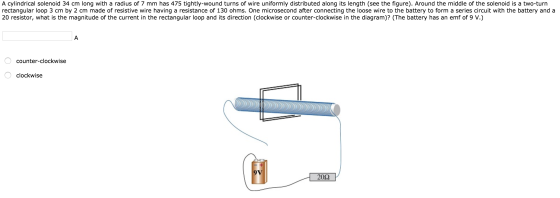 A cylindrical solenoid 34 cm long with a radius of 7 mm has 475 tightly-wound turns of wire uniformly distributed along its l