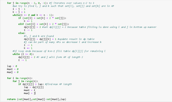 for j in range(n 2, 0, -1): *j iterates over values n-2 to 1 #we try to find i, j and k such that set[i], set[i] and set[k] o