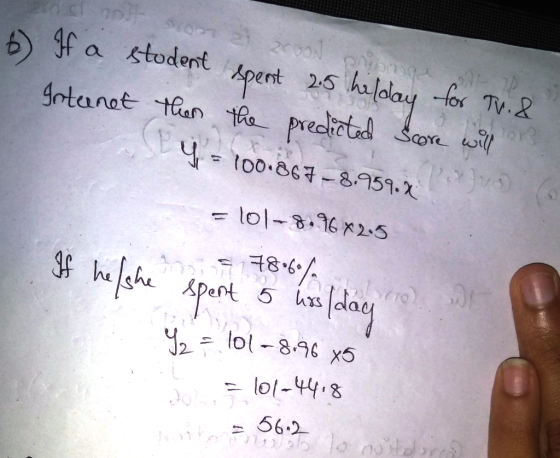 b) If a student spent 25 hilday for TV. & Internet then the predicted Score will Y = 100*867-8.959.8 = 101-8.96*2.5 asif 78.6