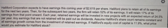 Halliford Corporation expects to have earnings this coming year of $2.619 per share. Halliford plans to retain all of its ear