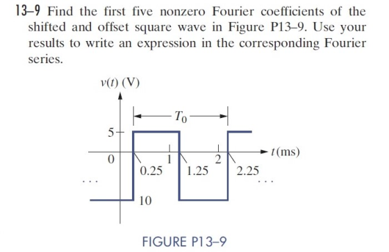 13-9 Find the first five nonzero Fourier coefficients of the shifted and offset square wave in Figure P13-9. Use your results