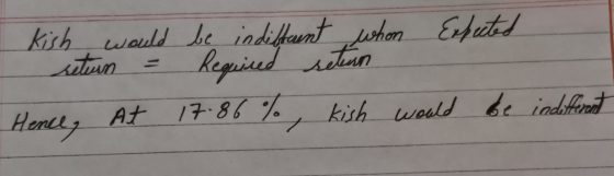 kish would be indifferent whon Expected return = Required return Hence, At 17.86 % , kish would be indifferent