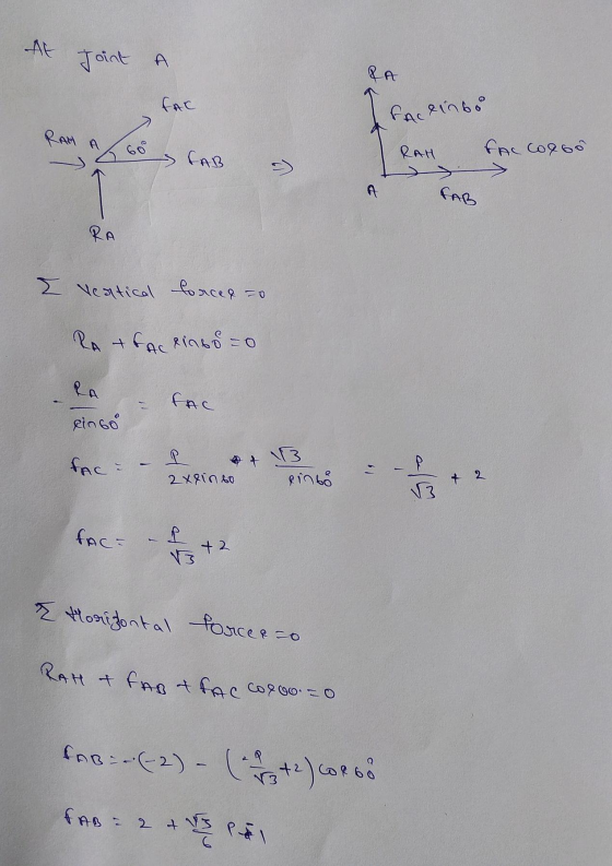 At Joint A RA FAC FAceinfo RAM A 60 RAH FAB FAC corso FAB RA I vertical forcee to RA TEAceinco=0 Ro FAC Ringo fac : &t 13 2x8