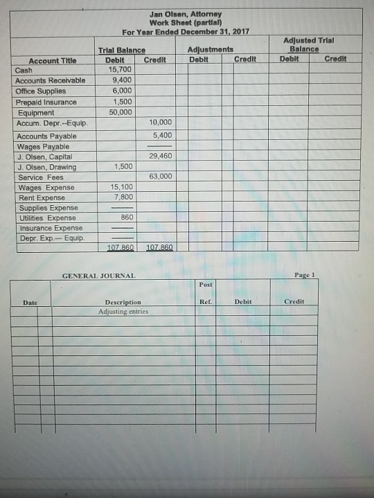 Jan Olsen, Attorney Work Sheet (partial) For Year Ended December 31, 2017 Adjustments Debit Credit Adjusted Trial Balance Deb