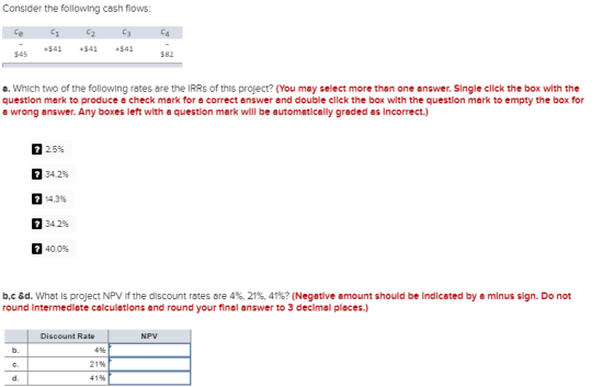 Consider the following cash flows: CA co 45 G +$41 C2 +$41 C3 +$41 a. Which two of the following rates are the IRRs of this p