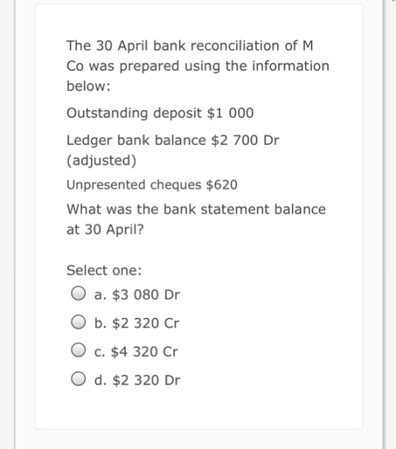 The 30 April bank reconciliation of M Co was prepared using the information below: Outstanding deposit $1 000 Ledger bank bal
