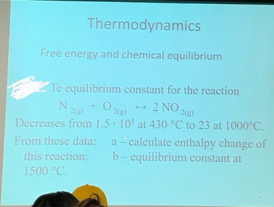 Thermodynamics Free energy and chemical equilibrium Te equilibrium constant for the reaction N2 + O2 2 NO 20 Decreases from 1
