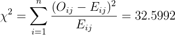 \chi^2 = \sum_{i=1}^n \frac{(O_{ij}-E_{ij})^2}{E_{ij}}=32.5992