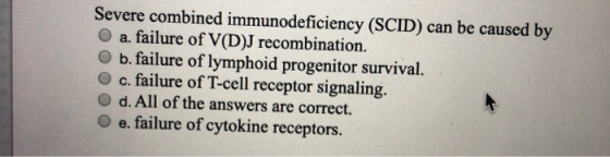 Severe combined immunodeficiency (SCID) can be caused by a. failure of V(D)J recombination. b.failure of lymphoid progenitor