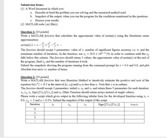 Submission Items: (1) A Word document in which you: a. Describe in brief the problem you are solving and the numerical method