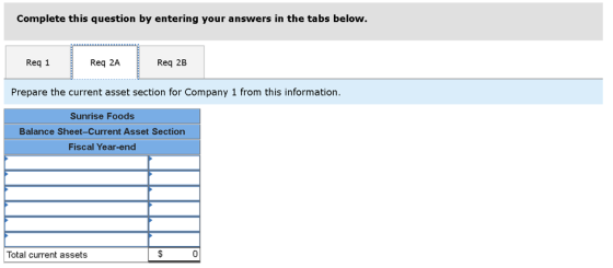 Complete this question by entering your answers in the tabs below. Req 1 Req 2A Req 2B Prepare the current asset section for