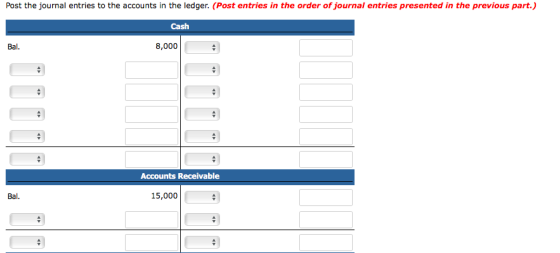 Post the journal entries to the accounts in the ledger. (Post entries in the order of journal entries presented in the previo