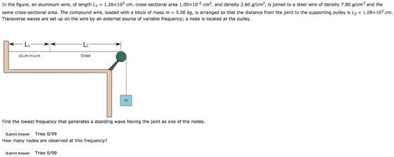 In the figure, an aluminum wire, of length L1-1.26x103 cm, cross-sectional area 1.00x102 cm2, and density 2.60 g/cm3, is joined to a steel wire of density 7.80 g/cm3 and the same cross-sectional area. The compound wire, loaded with a block of mass m 5.00 kg, is arranged so that the distance from the joint to the supporting pulley is L2 1.09x103 cm Transverse waves are set up on the wire by an external source of variable frequency; a node is located at the pulley L1- L2 Alum inium Steel Find the lowest frequency that generates a standing wave having the joint as one of the nodes. Submit Answer Tries o/99 How many nodes are observed at this frequency? Submit Answer Tries 0/99