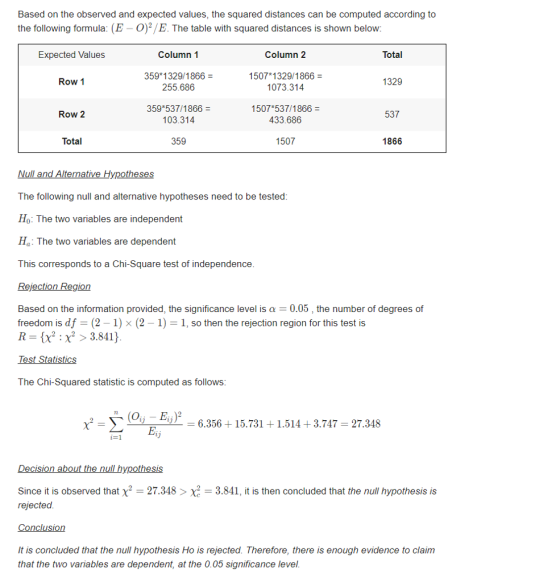 Based on the observed and expected values, the squared distances can be computed according to the following formula: (E O)2/E. The table with squared distances is shown below Expected Values Column 1 Column 2 Total 359 1329/1866 1507 1329/1866- 1073.314 Row 1 1329 255.686 359 537/1866- 103.314 1507*537/1866 433.686 Row 2 537 Total 359 1507 1866 The following null and alternative hypotheses need to be tested Ho: The two variables are independent Ha: The two variables are dependent This corresponds to a Chi-Square test of independence Rejection Region Based on the information provided, the significance level is a 0.05, the number of degrees of freedom is df (2 -1) x (2 -1) 1, so then the rejection region for this test is R x2x2 > 3.841 The Chi-Squared statistic is computed as follows ㄨㄧㄙ (02 Eir-6.356-15.731+1.511+3.747-27.348 ypothesis Since it is observed that x227.348x2 3.841, it is then concluded that the null hypothesis is rejected It is concluded that the null hypothesis Ho is rejected. Therefore, there is enough evidence to claim that the two variables are dependent, at the 0.05 significance level
