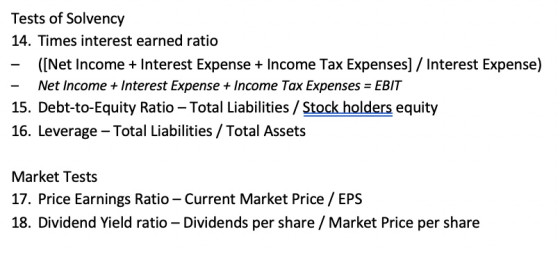 Tests of Solvency 14. Times interest earned ratio - ([Net Income + Interest Expense + Income Tax Expenses] / Interest Expense