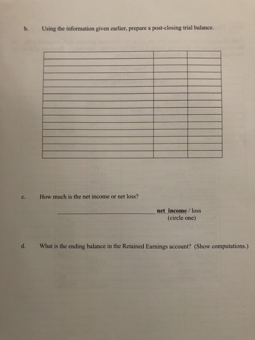 b. Using the information given earlier, prepare a post-closing trial balance. c. How much is the net income or net loss? net