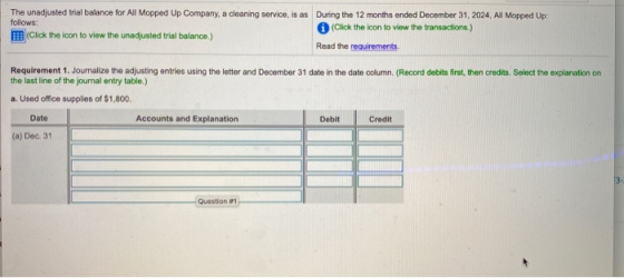 The unadjusted trial balance for All Mopped Up Company, a cleaning service, is as During the 12 months ended December 31, 202