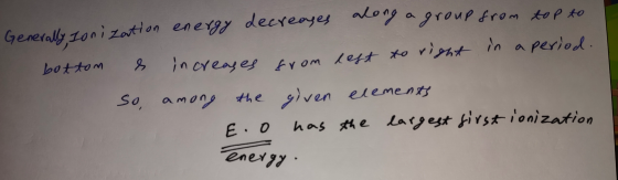 Generally Ionization energy decreases along a group from top to bottom s increases from left to right in a period. So, among