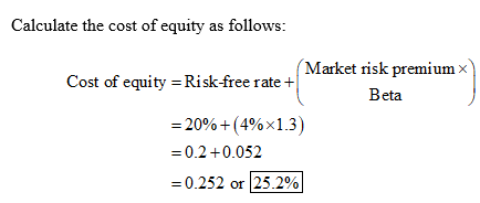 Calculate the cost of equity as follows: Market risk premiumx Cost of equity Ri sk-free rate + Beta 20%+( 4%x1.3) 0.2 0.052 0