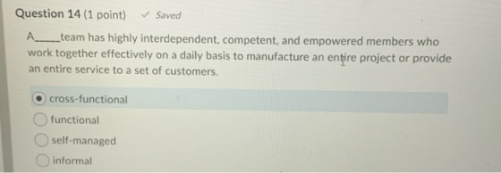 Question 14 (1 point) Saved A_____team has highly interdependent, competent, and empowered members who work together effectiv