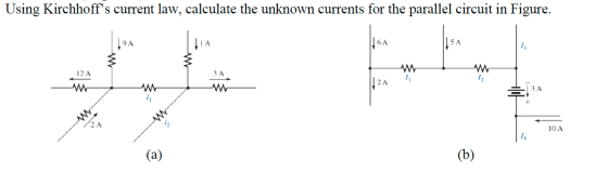 Using Kirchhoffs current law, calculate the unknown currents for the parallel circuit in Figure. lia 12 A 12A 1 G + 10 A (b)