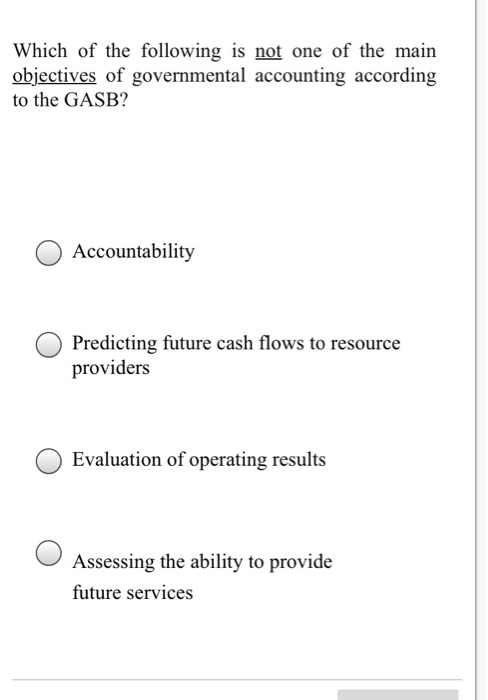 Which of the following is not one of the main objectives of governmental accounting according to the GASB? Accountability Pre