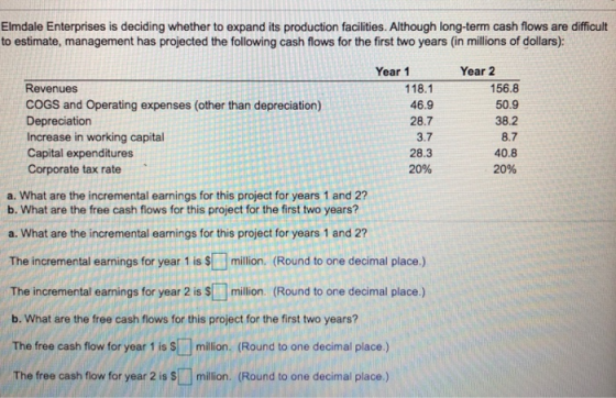 Elmdale Enterprises is deciding whether to expand its production facilities. Although long-term cash flows are difficult to e