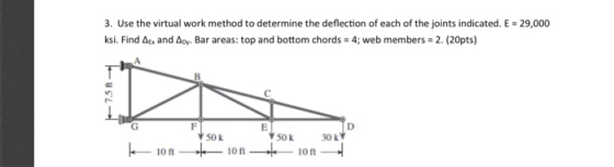 3. Use the virtual work method to determine the deflection of each of the joints indicated. E-29,000 ksi. Find ΔΕΧ and Δο-Bar areas: top and bottom chords-4; web members-2. (20pts) 50k 30k 10 ft s0k 10 ft i0 ft