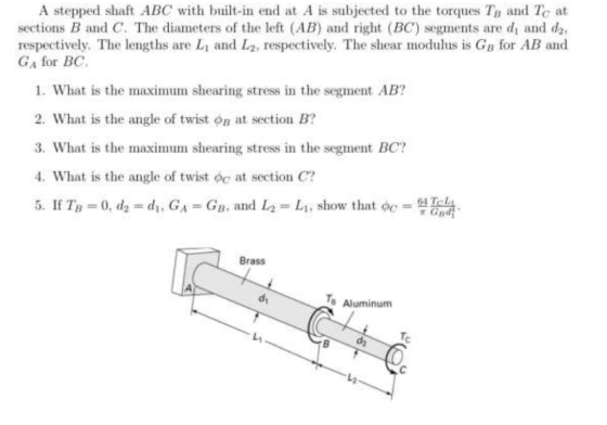 A stepped shaft ABC with built-in end at A is subjected to the torques Ta and Te at sections B and C. The diameters of the le