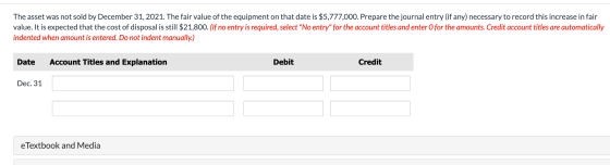 The asset was not sold by December 31, 2021. The fair value of the equipment on that date is $5,777,000. Prepare the journal