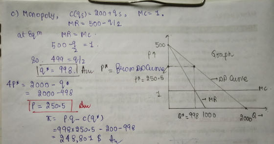 o) Monopoly 9 ·ccts) MR= 500-V12 5 DO 1 040012 500 2. pr= 250.5 ante MC 8000-998 MR 0-998 1o0 0 -998x 950.5 800-998