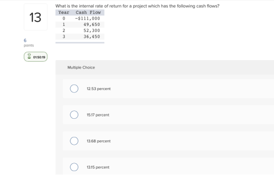 What is the internal rate of return for a project which has the following cash flows? Year Cash Flow -$111,000 49,650 52,300
