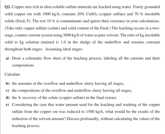 Q2. Copper ores rich in ultra-soluble sulfate minerals are leached using water. Finely grounded solid copper ore with 1000 kg