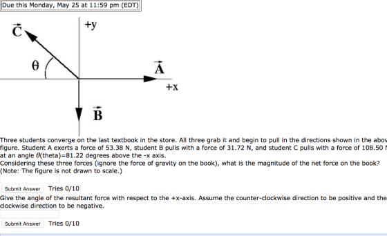 Due this Monday, May 25 at 11:59 pm (EDT) +y 0 À +x B Three students converge on the last textbook in the store. All three gr