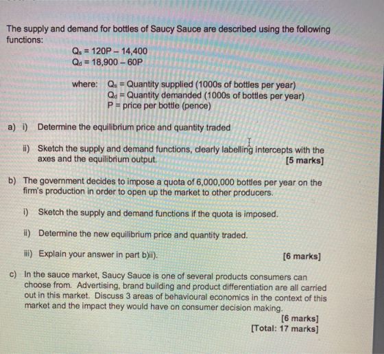 The supply and demand for bottles of Saucy Sauce are described using the following functions: Qs = = 120P - 14,400 Qd = 18,90