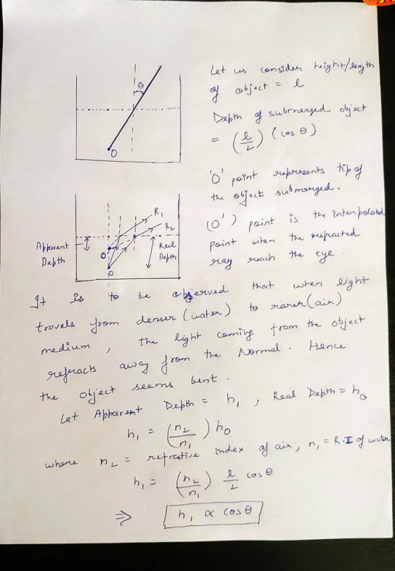 1 Apparent Depth Real Debth 0 1 Depth Let us consider height/ length of object = e Depth of subrnerged object = (?) (soso) ²