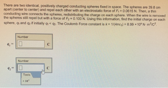 There are two identical, positively charged conducting spheres fixed in space. The spheres are 39.8 cm apart (center to cente