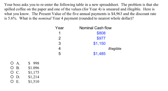 Your boss asks you to re-enter the following table in a new spreadsheet. The problem is that she spilled coffee on the paper and one of the values (for Year 4) is smeared and illegible. Here is what you know. The Present Value of the five annual payments is $4,963 and the discount rate is 5.6%. What is the nominal Year 4 payment (rounded to nearest whole dollar)? Year Nominal Cash flow $808 $977 $1,150 2 4 5 llegible $1,485 O A.$ 998 $1.096 O C.$1,175 O D.$1,214 O E.$1,510