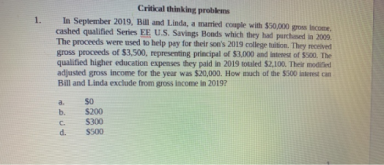 Critical thinking problems In September 2019, Bill and Linda, a married couple with $50,000 gross income. cashed qualified Se